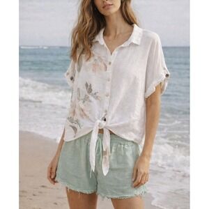Paris Tiempo 100% Linen Floral White Shell Button Shirt LARGE Tie Front Feminine